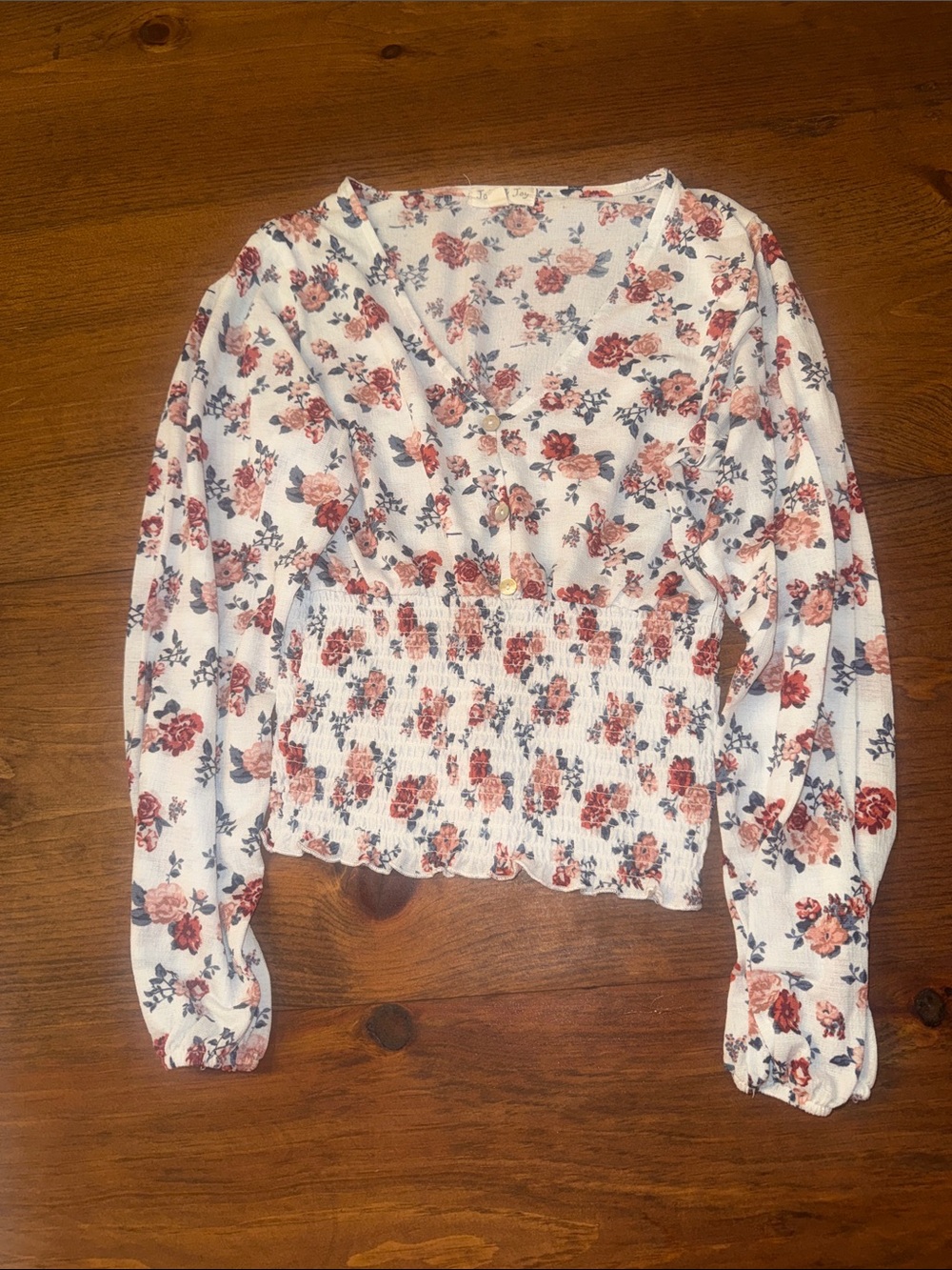 Smocked V-Neck Long Sleeve Floral Blouse in White and Rust